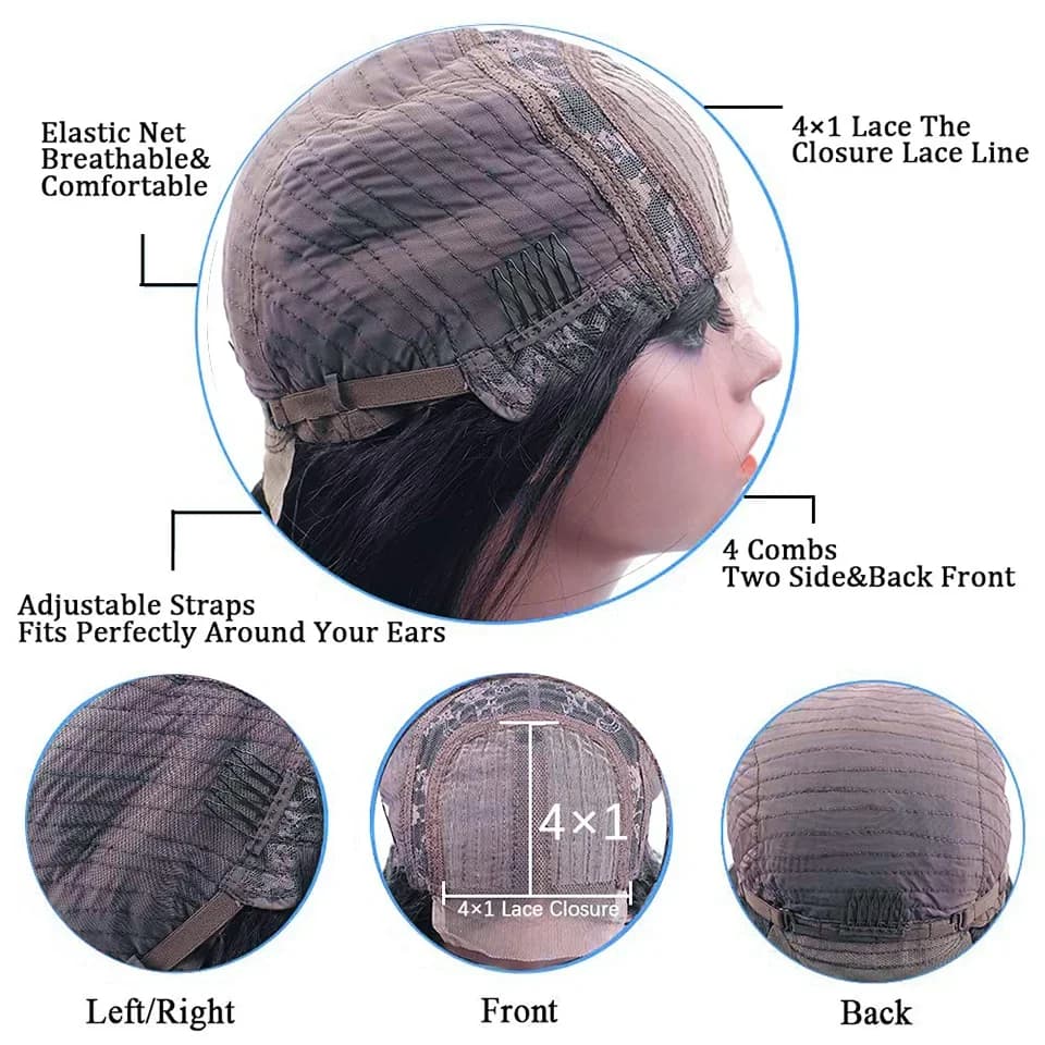 Perruque Bob Lace Wig Remy Brésilienne Naturelle, Cheveux Lisses, Partie T, Sophia, Courte, 4 Pièces