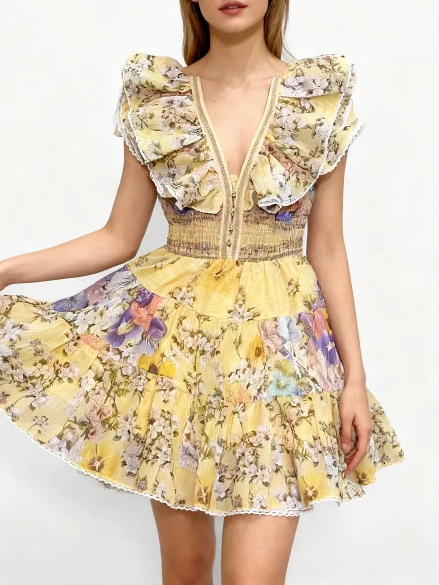 TWOTWINSTYLE minceur impression épissé volants plis robes élégantes pour les femmes col en V sans ma