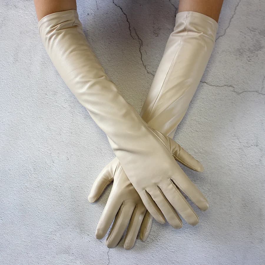 Gants longs en cuir pour femmes, couleur mouton, Section fine sur le coude, doublure longue en velou