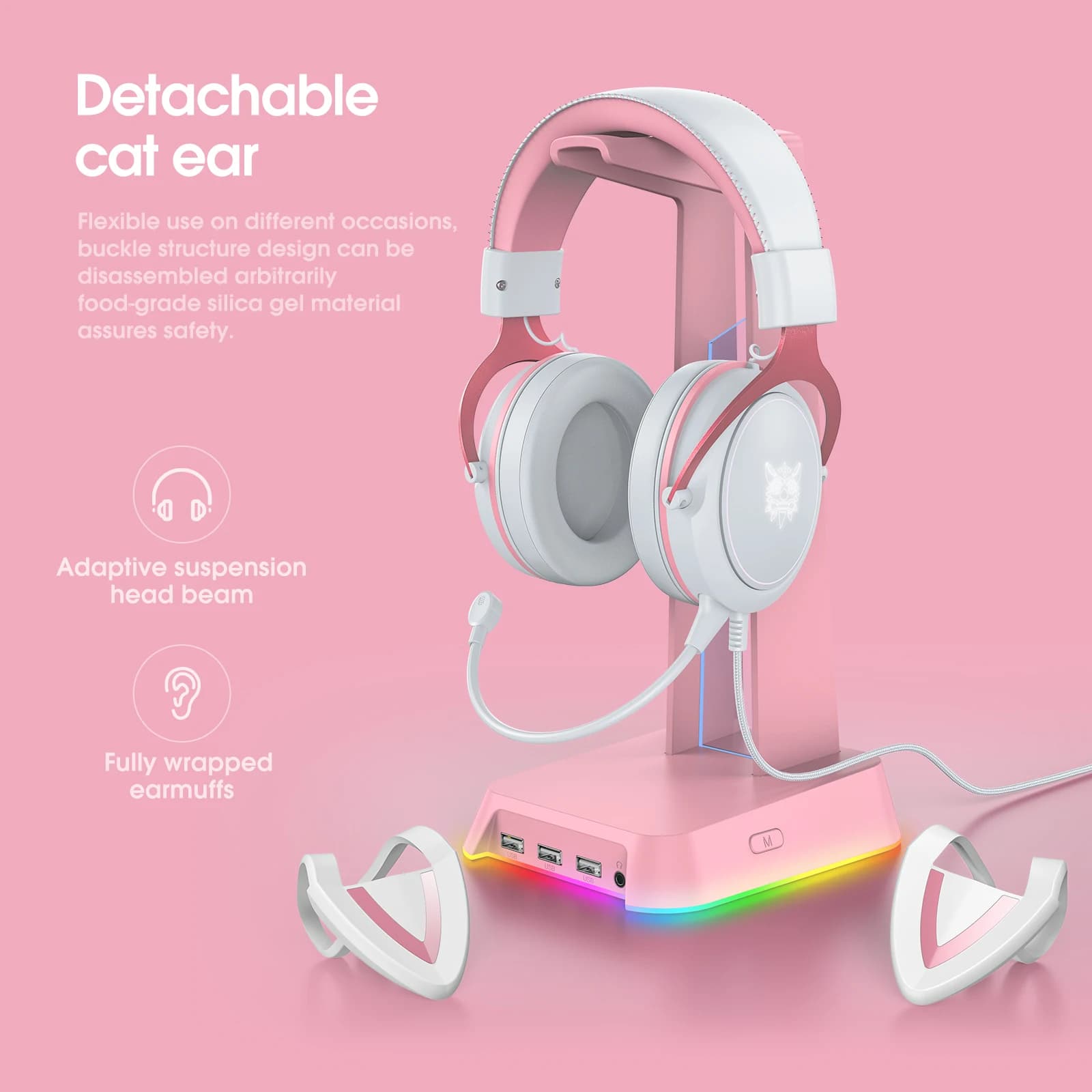 Onikuma casque de jeu professionnel avec lumière RGB casque oreilles de chat rose écouteurs portable