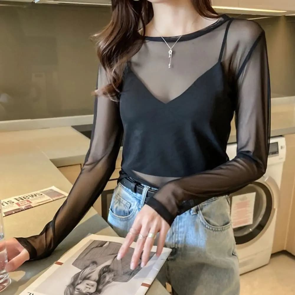 T-shirt à manches longues et col rond pour femmes, haut d'été, chemises à fond, vêtements de protect
