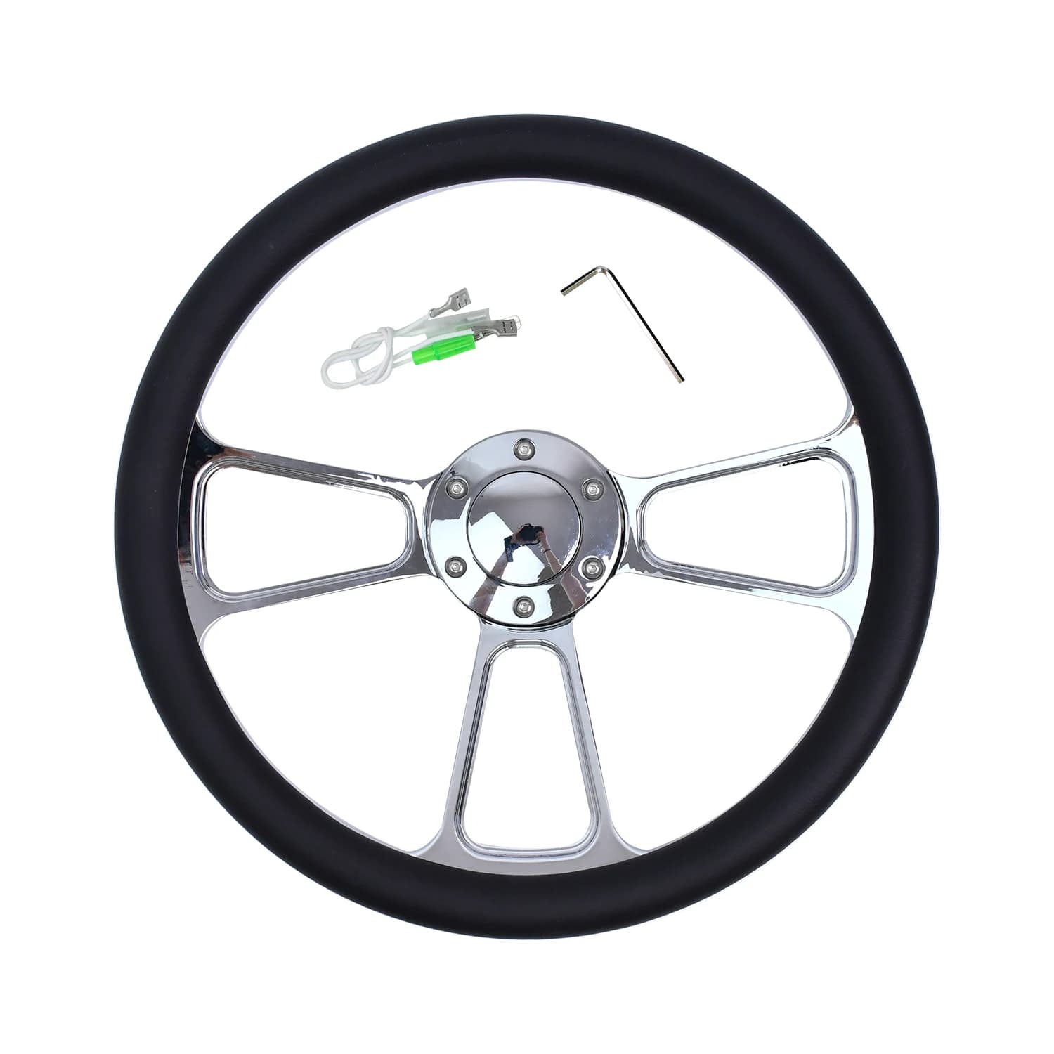 Volant universel en cuir microfibre, 14 pouces, 350mm, classique rétro, noir chromé, support à trois
