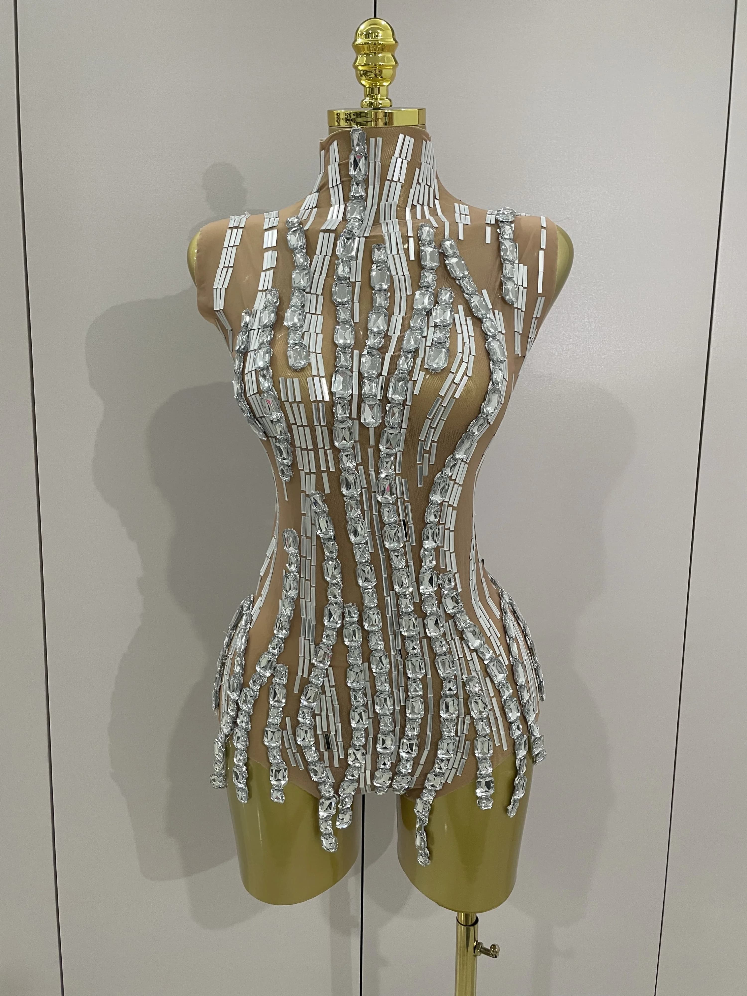 Chaîne de strass scintillante, body Transparent sans manches, Sexy, pour femmes, fête, discothèque, 