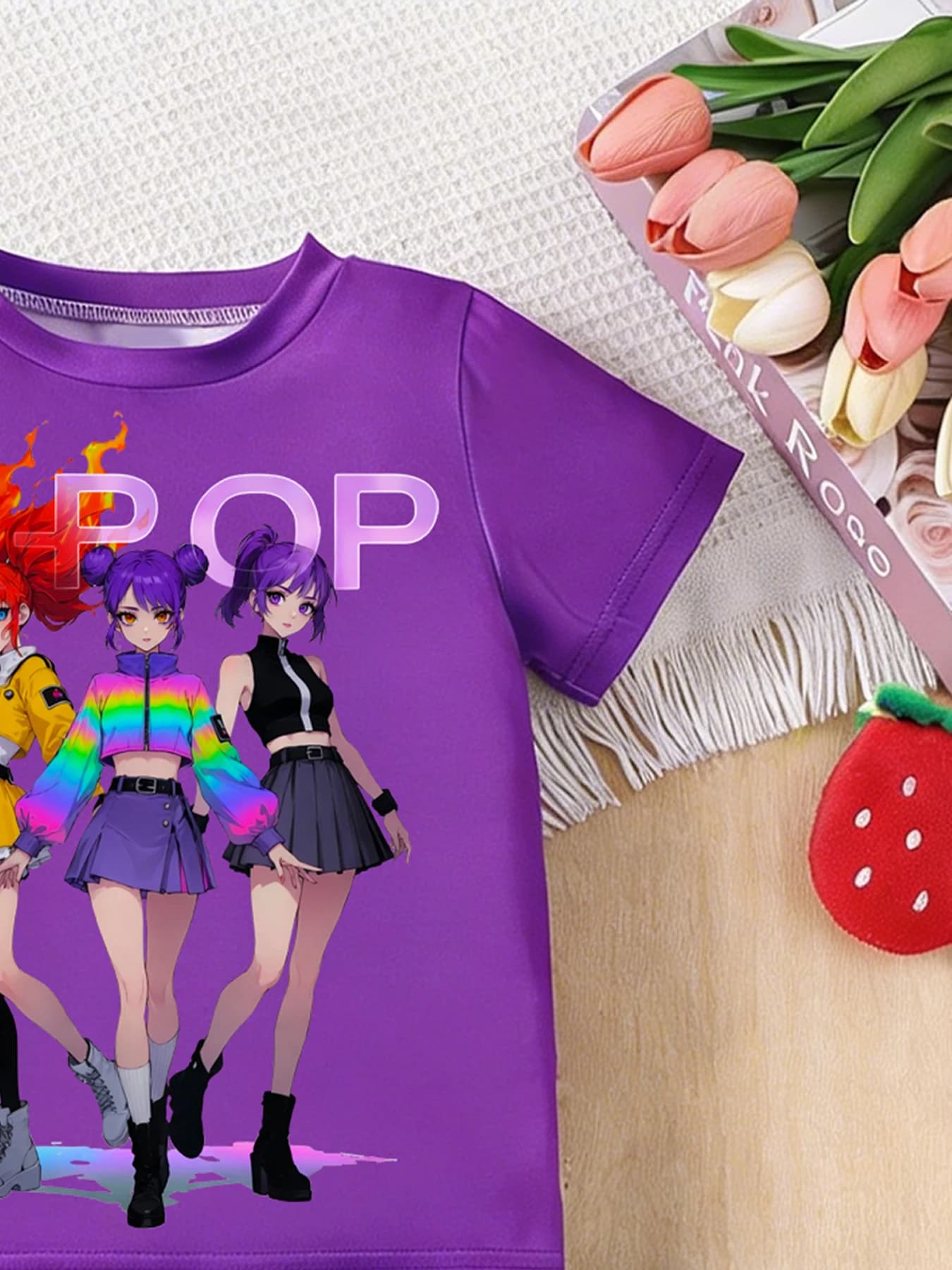 Ensemble 2 pièces tendance pour filles : T-shirt à manches courtes et short à volants, motif K-Pop A