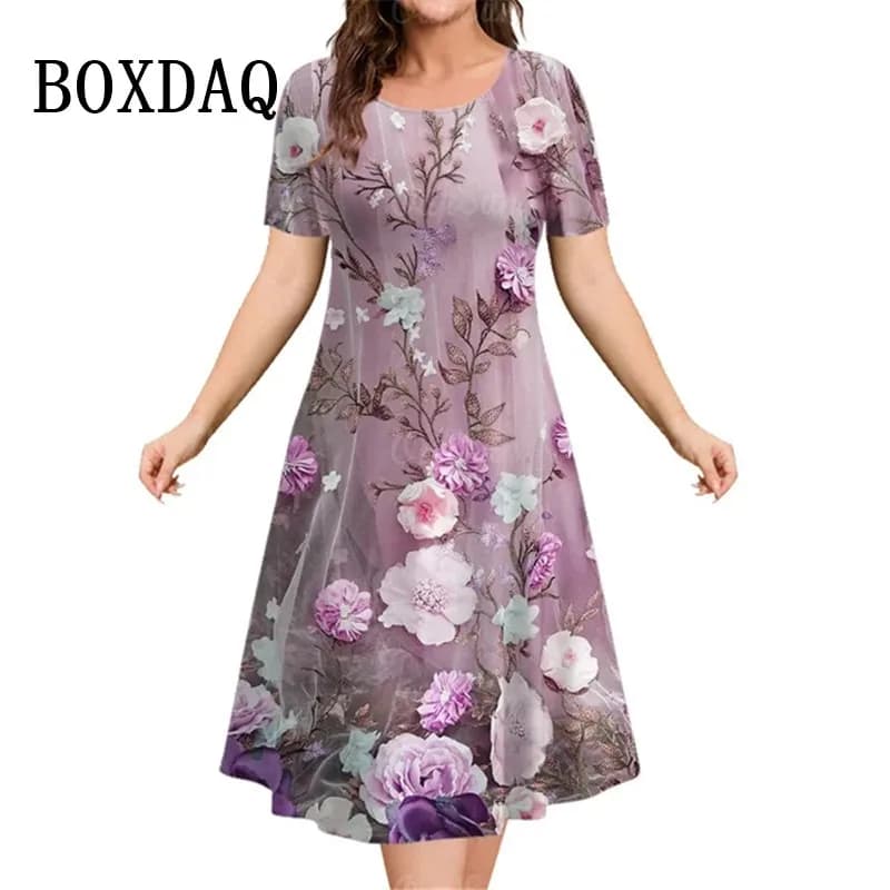 Robes vintage à imprimé floral 3D pour femmes, pull décontracté à manches courtes, robes grande tail