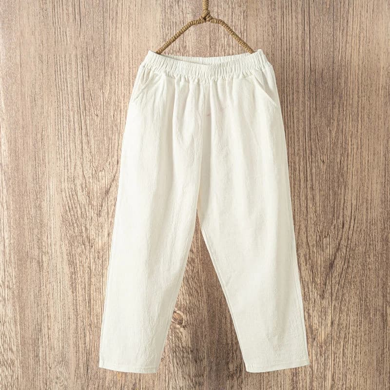 Lucyever-Pantalon décontracté en coton et lin pour femme, taille élastique, couleur unie, collection