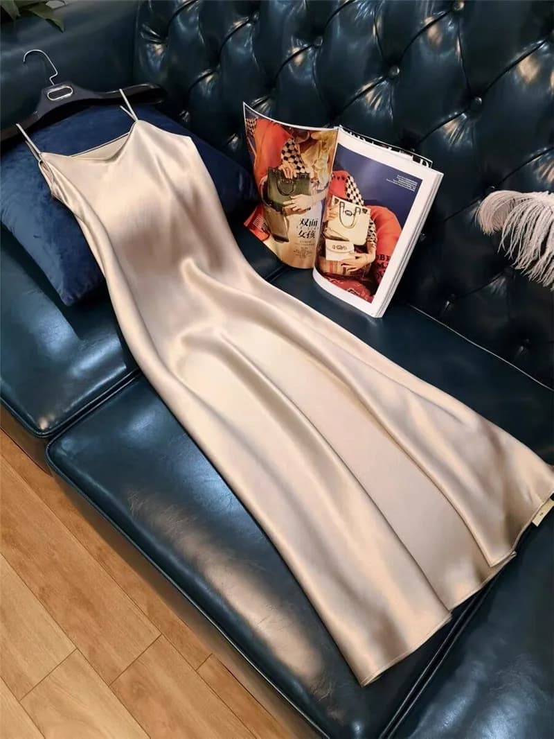 Robe longue en satin pour femme, sans manches, col en V, couleur unie, élégante, style vintage, bret