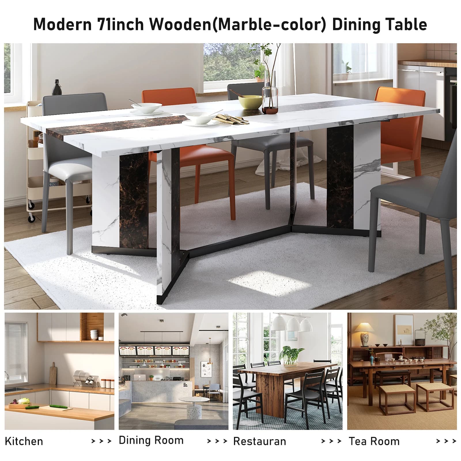 Grande table à manger rectangulaire luxueuse de 71 po pour 6 8 10 personnes, table queen familiale a
