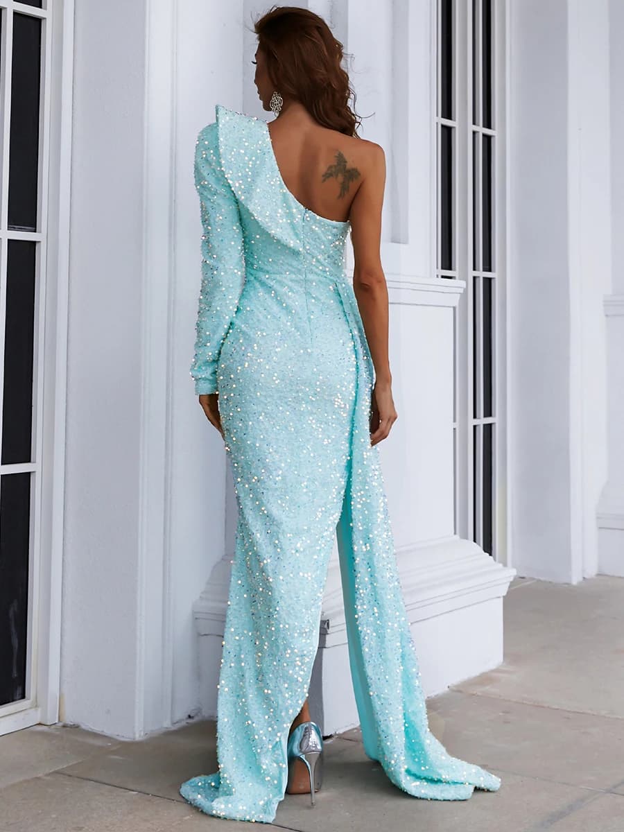 Robe de soirée Missord bleu clair à sequins pour femme, asymétrique à une épaule, manches longues, v