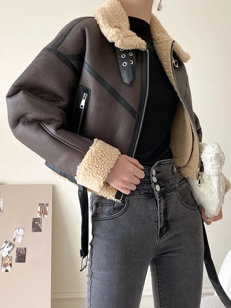 Ailegogo en Fausse Fourrure d'Agneau pour Femme, Streetwear Rétro, Veste avec Ceinture à Fermeture É