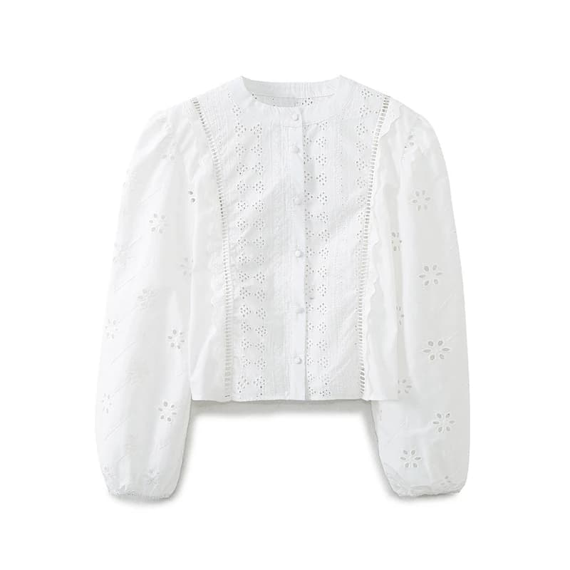 YENKYE-Chemisier blanc brodé évidé pour femme, manches longues, col rond, chemise courte femme, stre