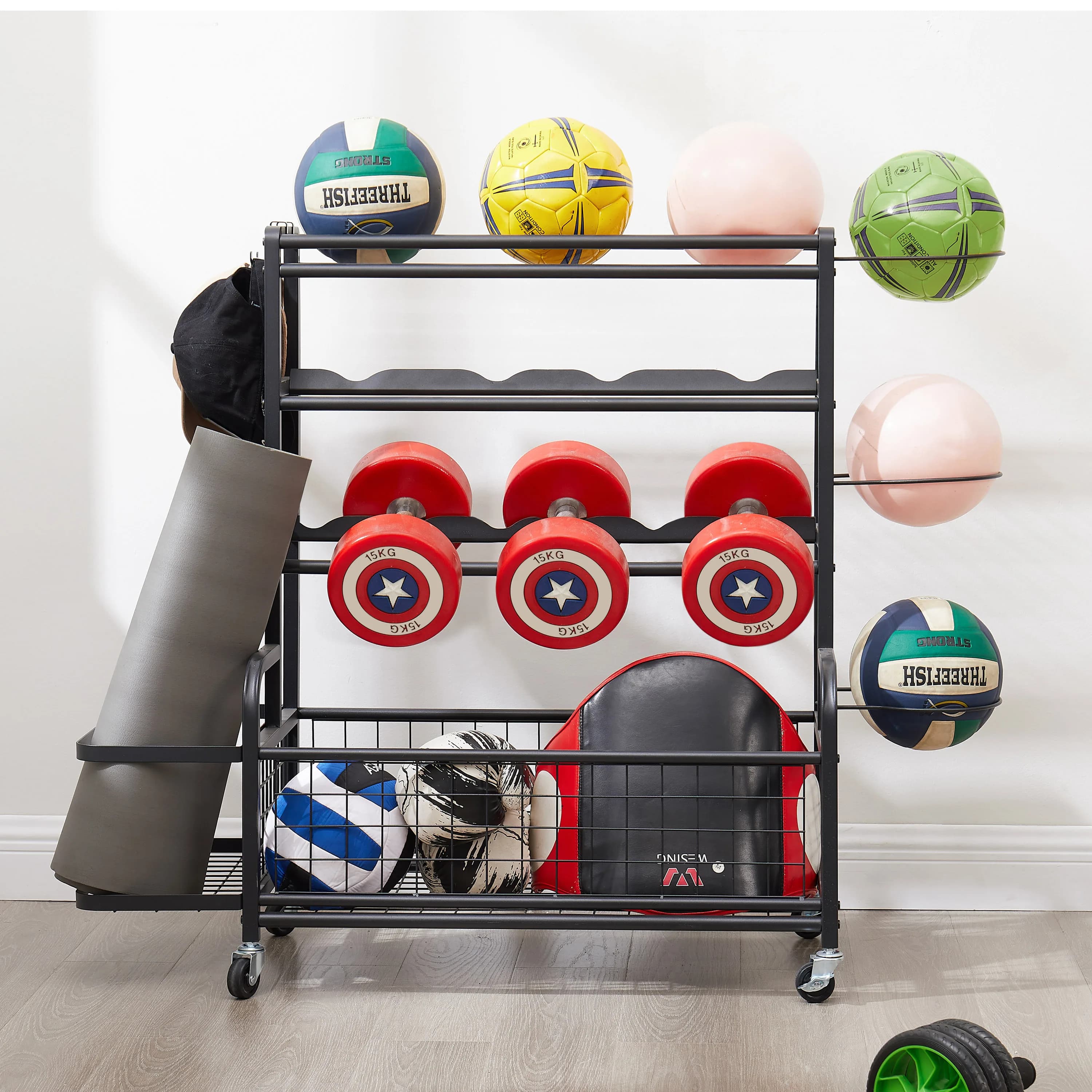 Polymères de stockage en métal à 4 niveaux avec roues roulantes, équipement de sport de basket-ball,