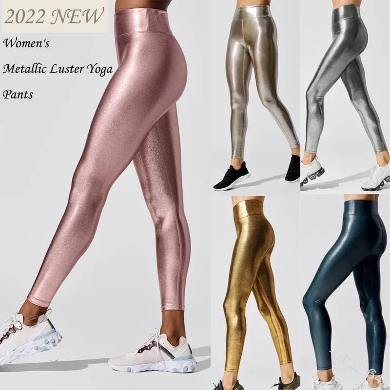 Pantalon de Yoga brillant métallique pour femmes, Leggings taille élastique, vêtements de sport bril