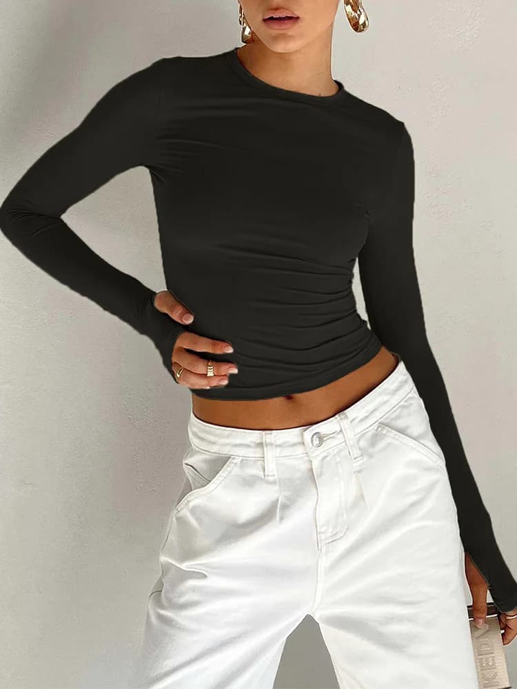 T-shirt à manches longues et col rond pour femme, haut court, coupe couvertes, trous pour les pouces