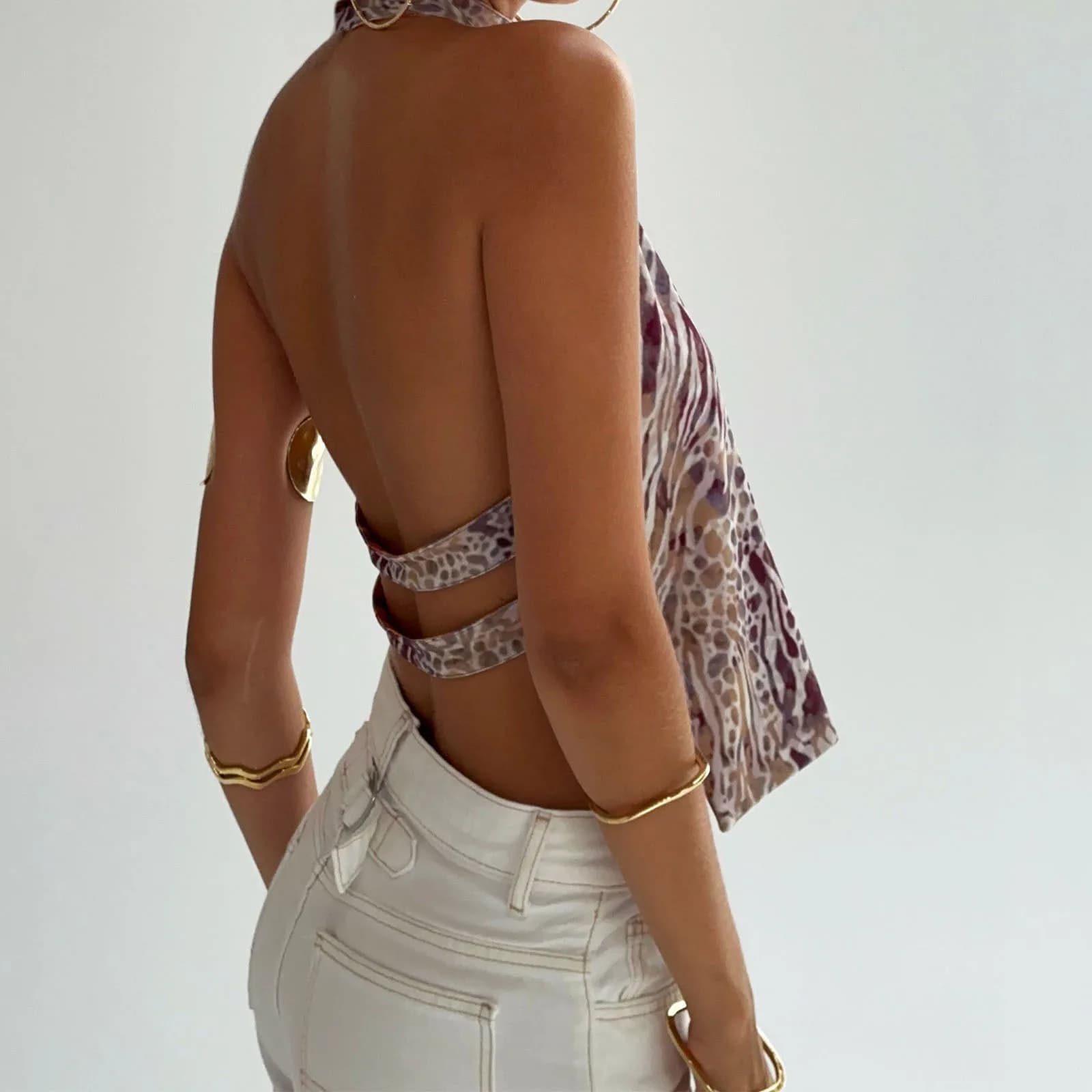 Haut à licou sans manches pour femmes, dos nu, imprimé points/fleurs, gilet d'été, doux et confortab