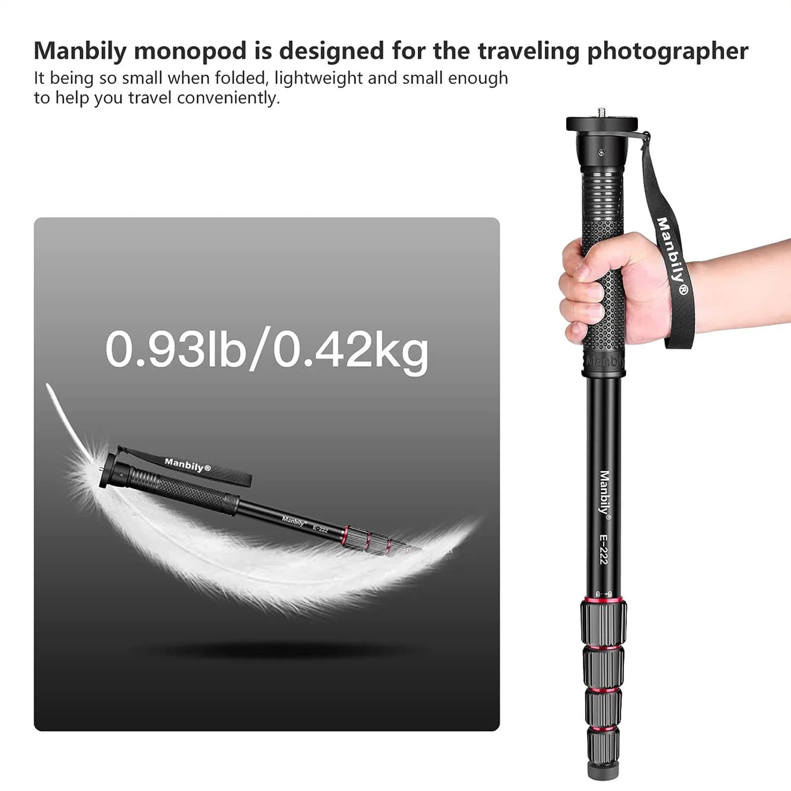 Manbily E-222 65 "monopode de voyage pour appareil photo 5 sections monopode en aluminium pour appar