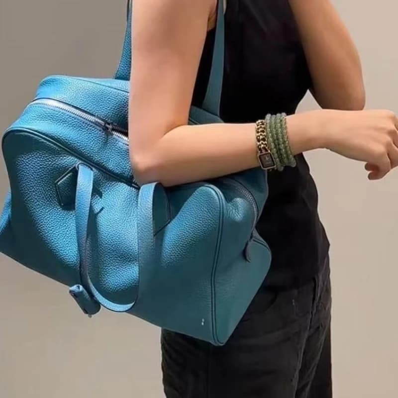 Sac Boston en cuir de marque haut de gamme, bleu, grande capacité, rectangulaire, sac à bandoulière 
