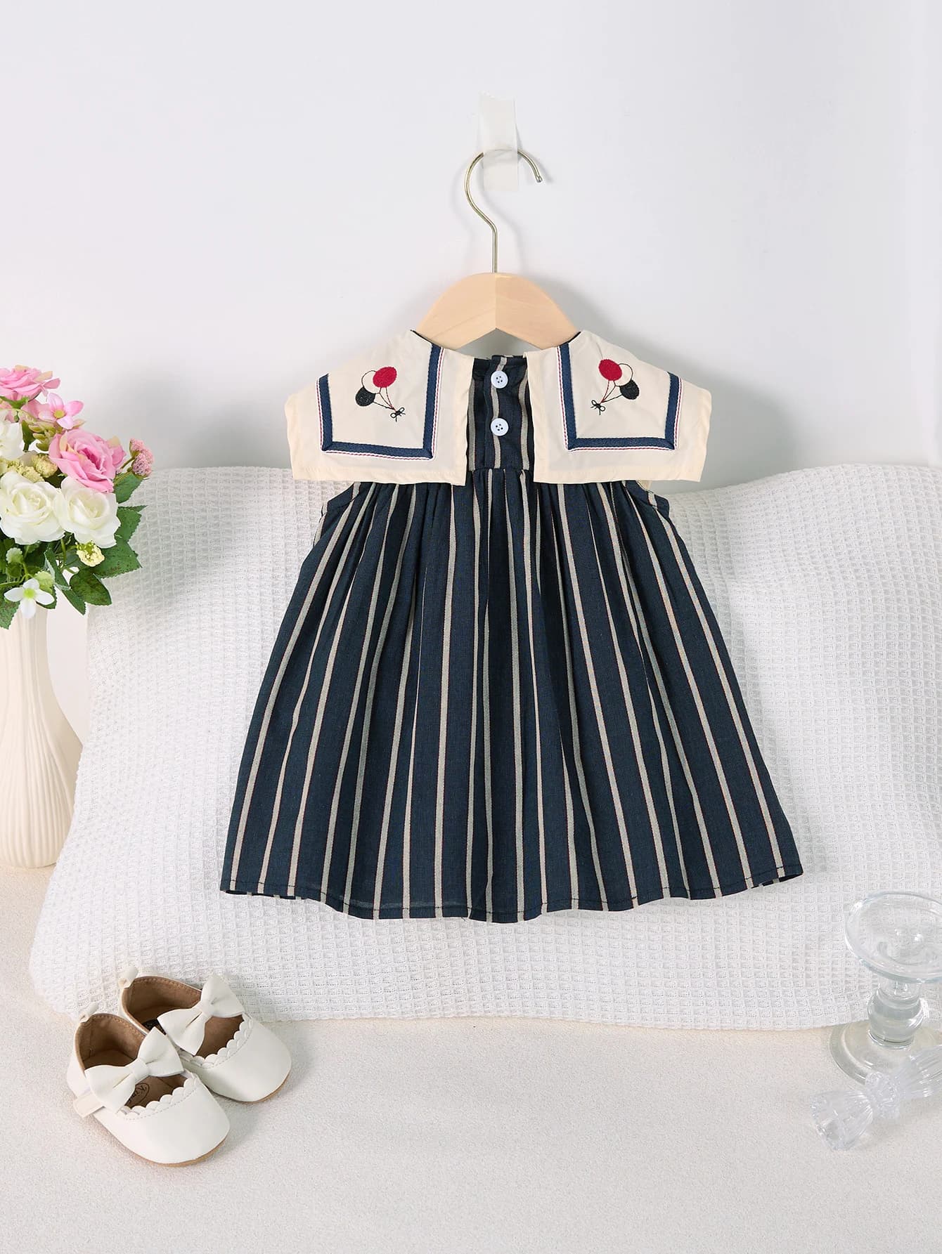 Robe d'été décontractée pour filles, jupe rayée à grand revers, sans manches, brodée