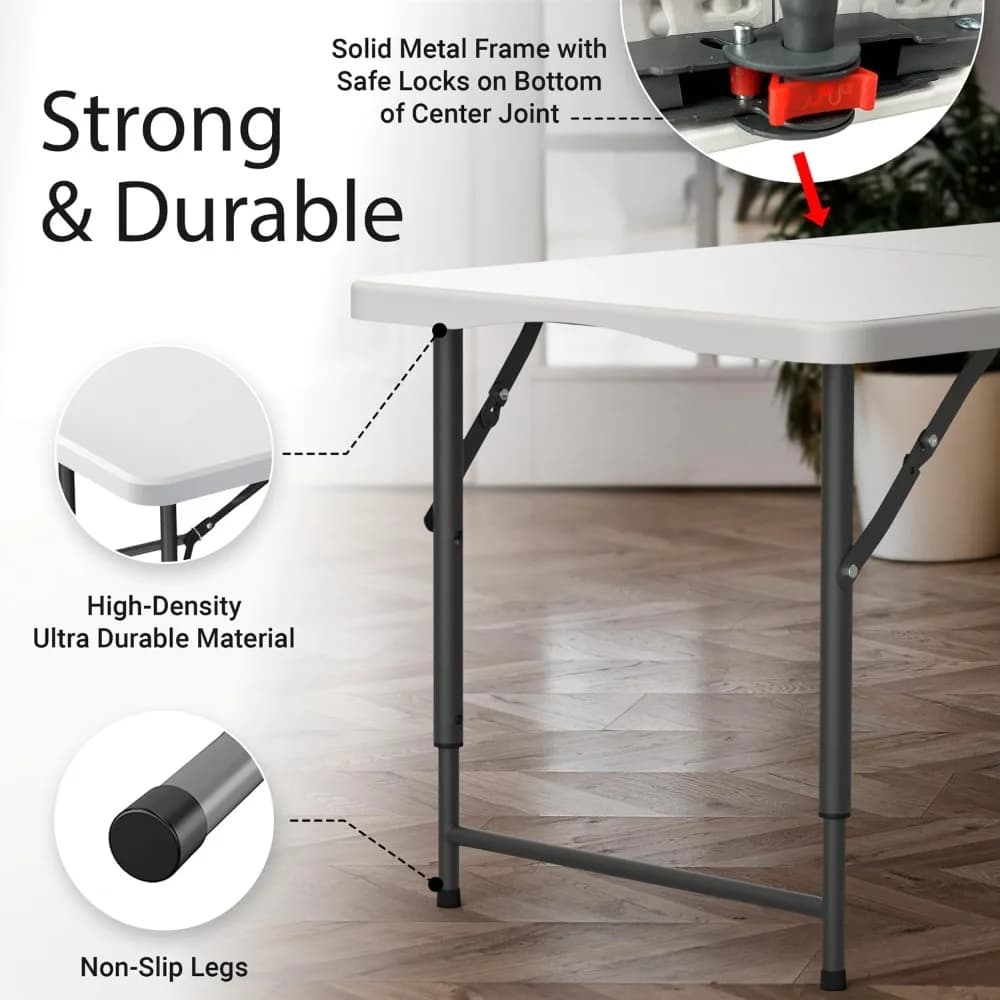 Table pliante de 4 pieds, robuste, portable, hauteur réglable, pieds en acier, poignée intégrée pour