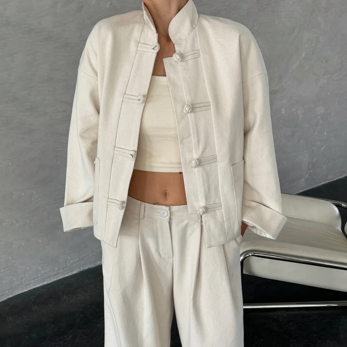 VTKW 2026 Nouvel ensemble veste et pantalon pour femme style chinois, col mandarin, boutons grenouil