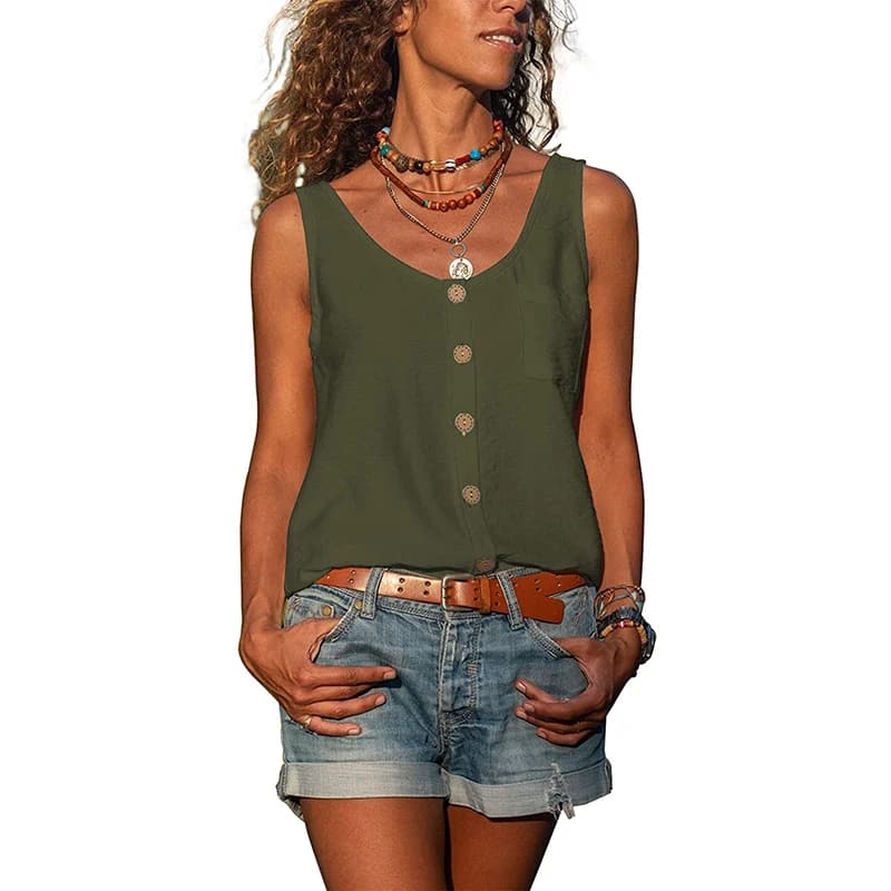 T-shirt de vacances en mousseline de soie pour femme, débardeur ample, boutons, décontracté, sans ma