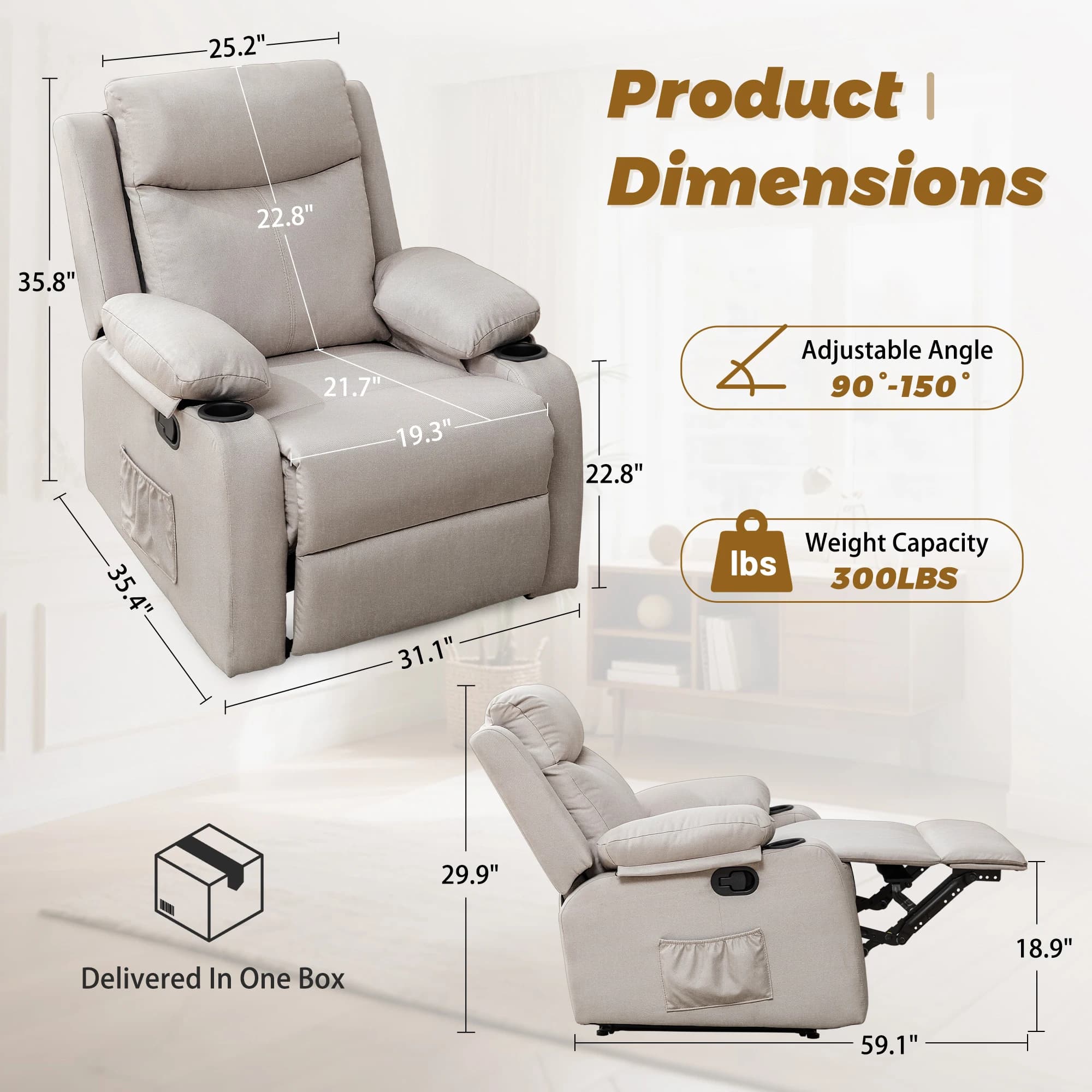 Korser Petites fauteuils inclinables pour petits espaces, chaise inclinable manuelle avec porte-gobe