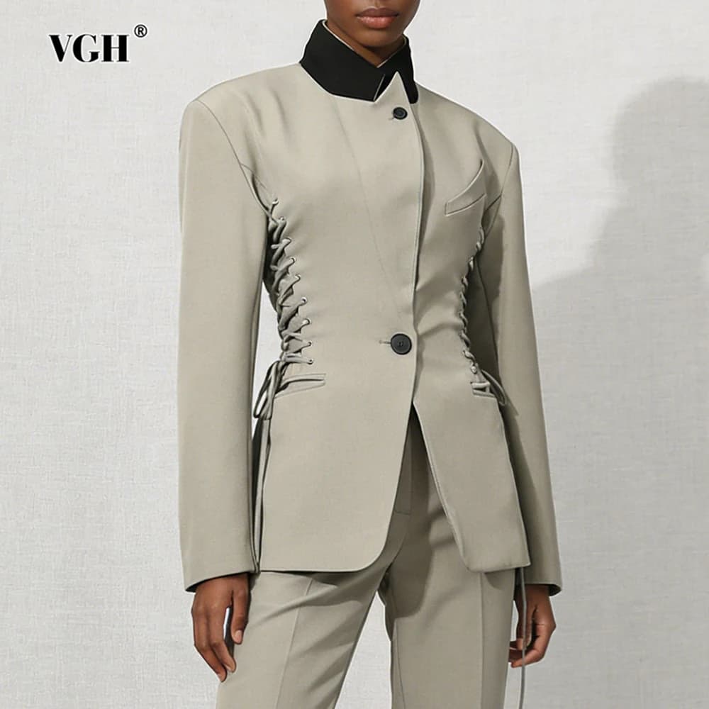 VGH Design Sense – vestes unies à lacets pour femmes, col montant, manches longues, boutons épissés,