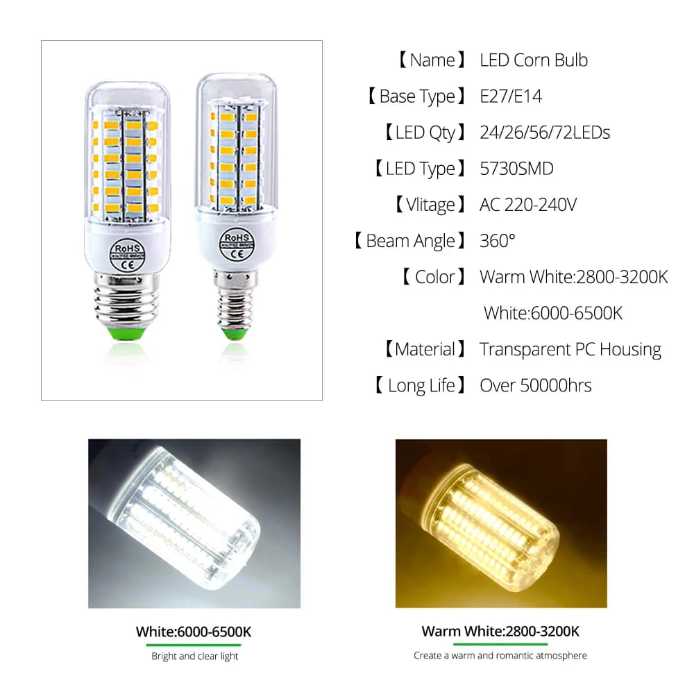 AC 220 V E27 lampe à LED E14 LED SMD 5730 ampoule de maïs 24 36 56 72 LED s lampara lustre pour la m