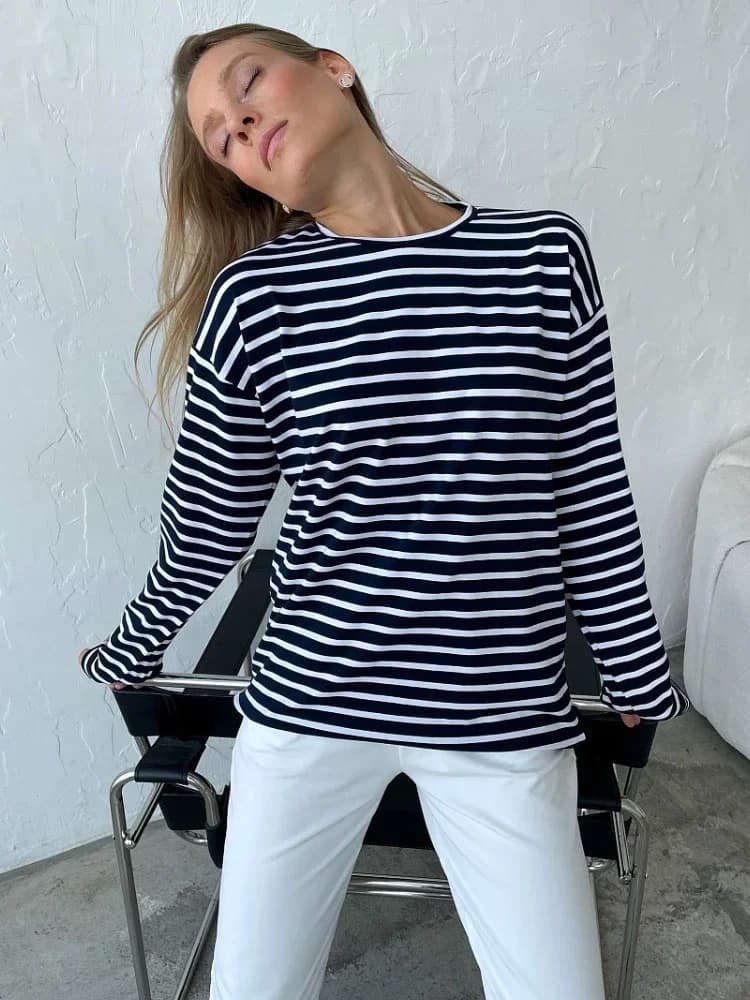 Bornladies 2025 été à manches longues rayé T-Shirts femmes basique décontracté hauts femme confortab
