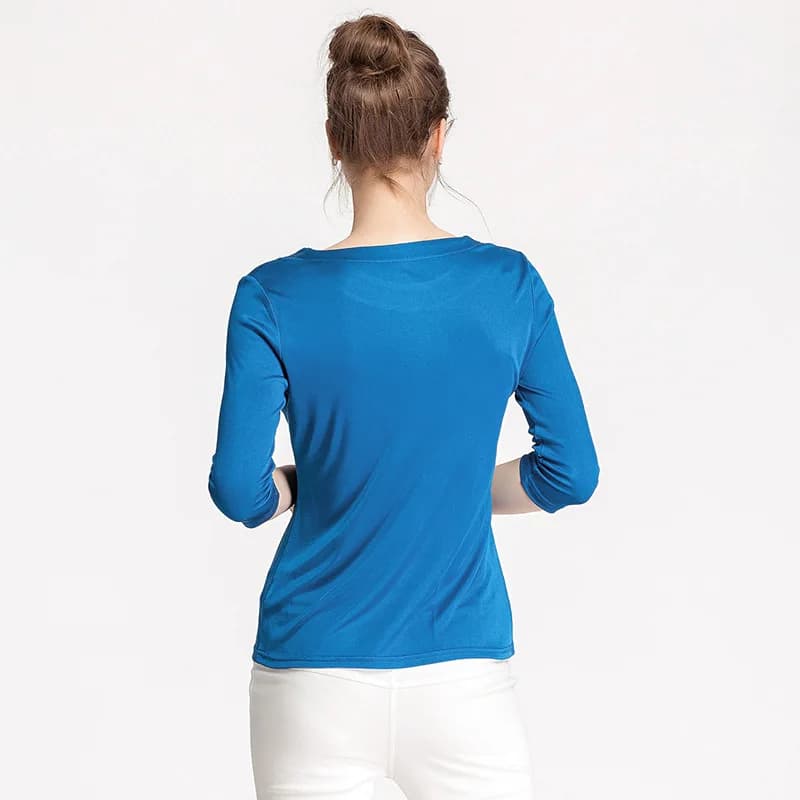 Birdtree soie mélange tricoté solide T-shirts, Slash cou lâche femmes décontracté basiques T-shirts,