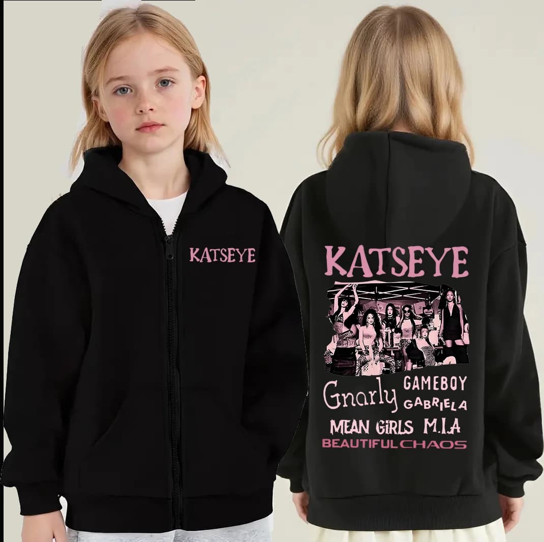 Vêtements pour petites filles, sweat-shirt à capuche avec fermeture éclair Katseye, sweat-shirt déco