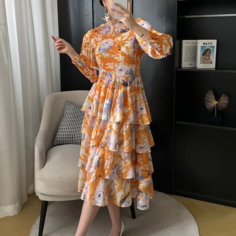 Robe mi-longue plissée de style étranger pour femmes, jupe à bulles vintage, imprimé floral, taille 