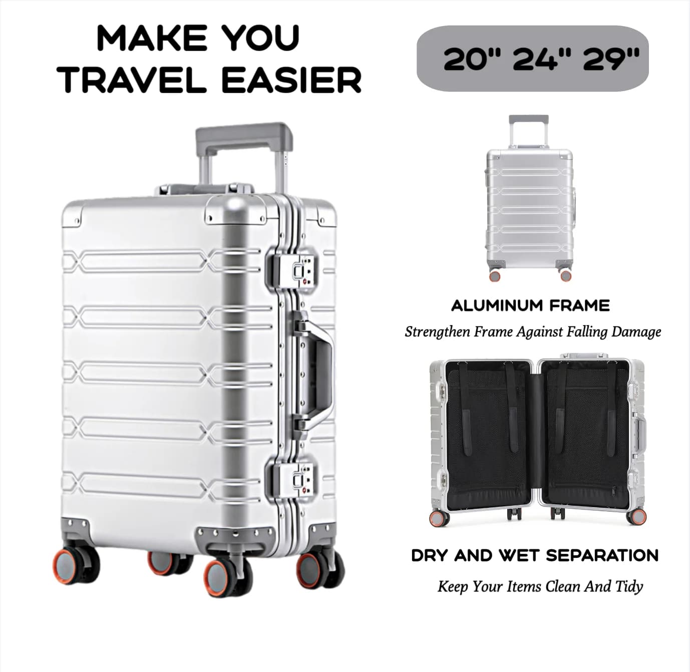 Ensemble de bagages durables de grande capacité, valise en aluminium pour femmes et filles, bagage à