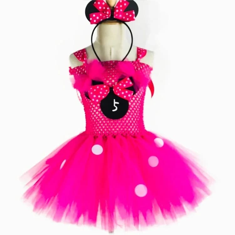 Robe Tutu Mickey rose pour filles mignonnes, en Tulle au Crochet, avec points blancs et nœud pour ch