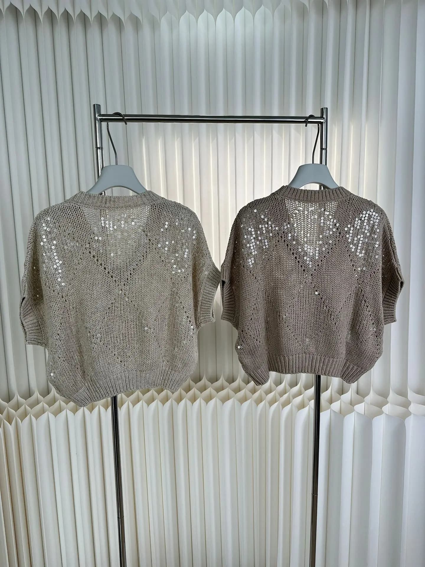 Pull tricoté léger de luxe pour femmes, grille de diamant creuse, paillettes brodées, manches chauve