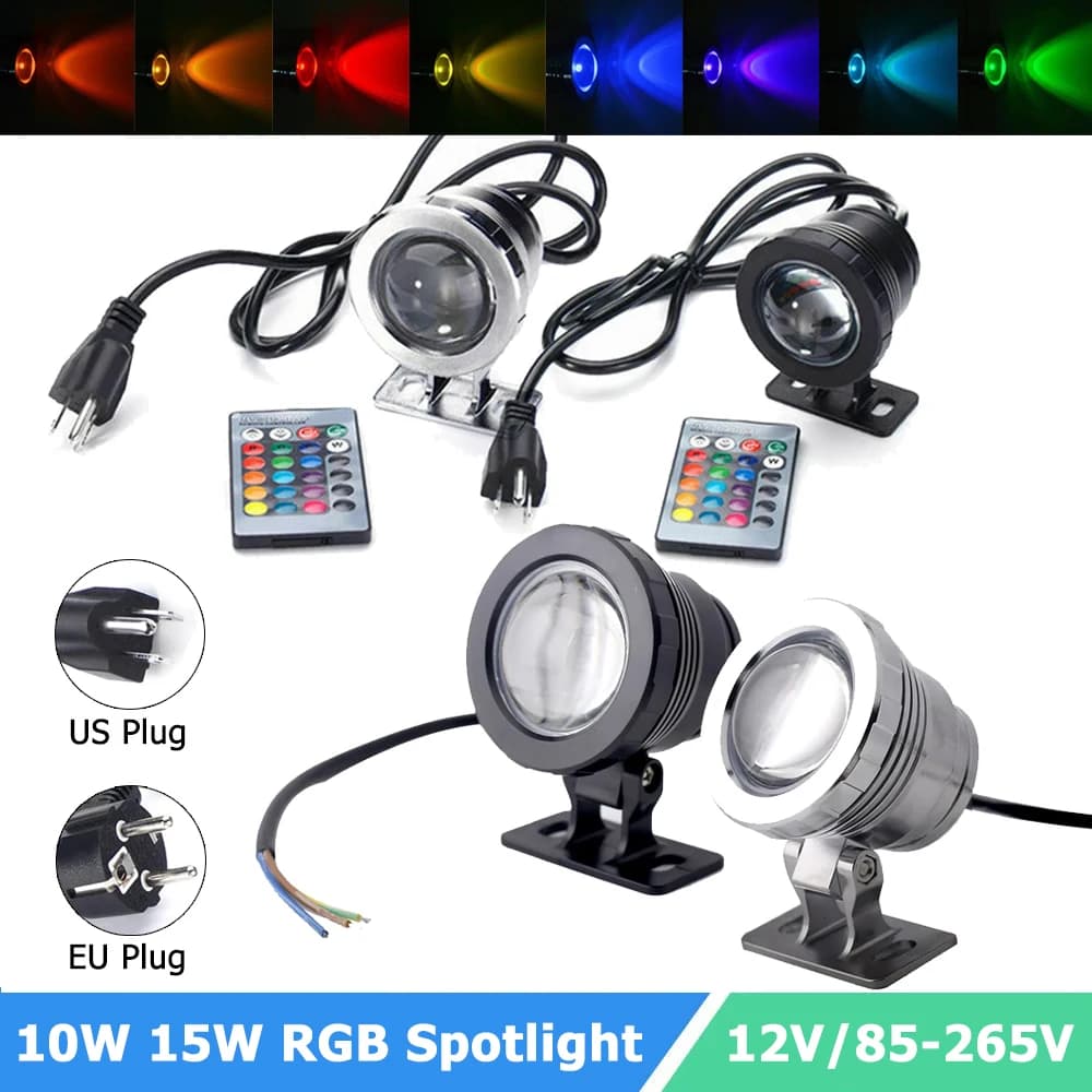 Projecteur LED RGB étanche, 10W 15W, pour fontaine, piscine, aquarium, 85-265V, prise EU/US, lampe d
