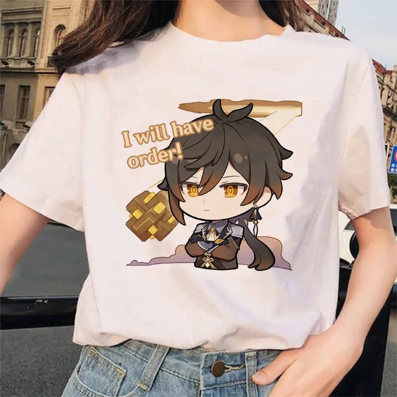 Genshin – t-shirt à imprimé de dessin animé pour femme, 100% coton, manches courtes, col rond, Haraj
