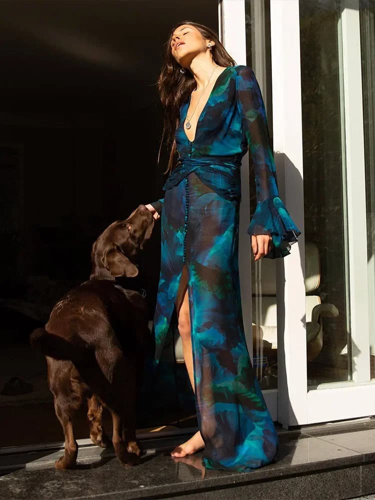 Robe de plage en mousseline de soie à volants, imprimé, sexy, fendue, vacances, bikini, transparente