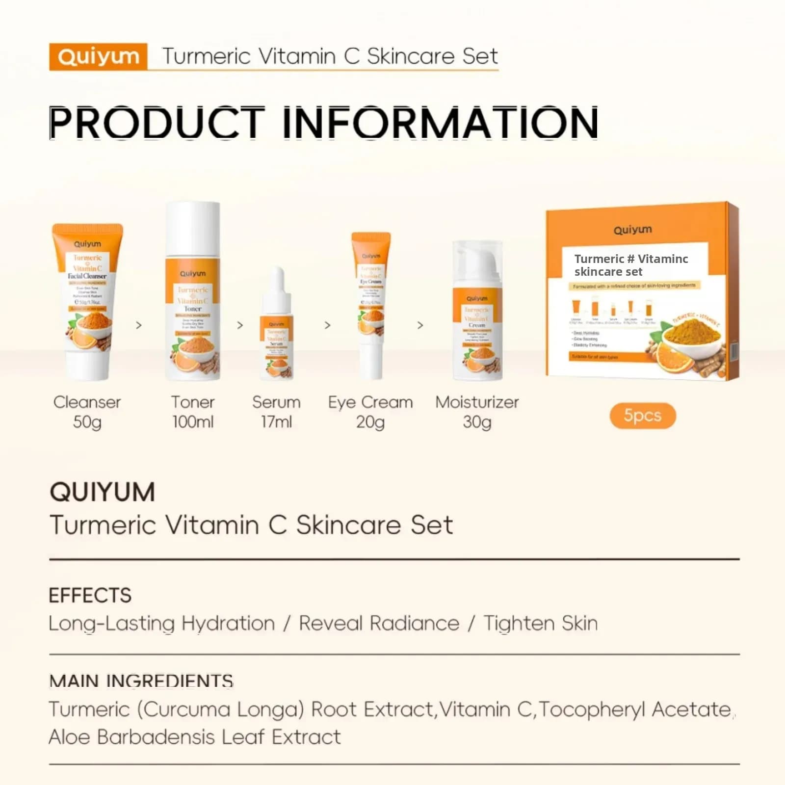 Kit Facial au curcuma à la vitamine C, raffermissement hydratant, ensemble de 5 pièces, Toner de lav