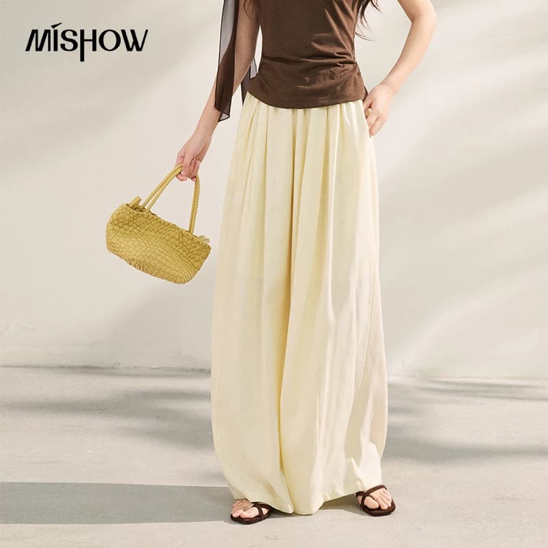 MISHOW Lyocell Nouveau pantalon décontracté pour femme, large, plissé, fluide, amincissant, longueur