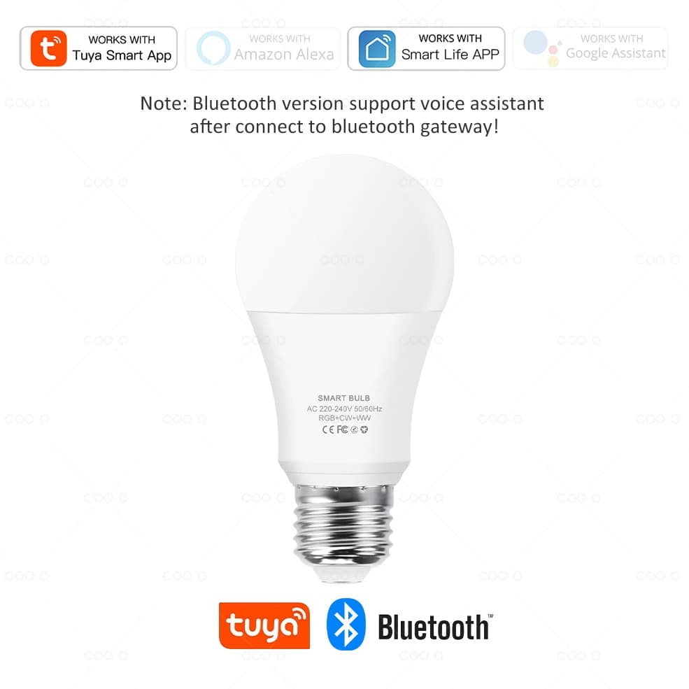 Tuya – ampoule intelligente WiFi/Bluetooth E27 RGB + C + W, AC 220V, fonctionne avec Alexa Google As