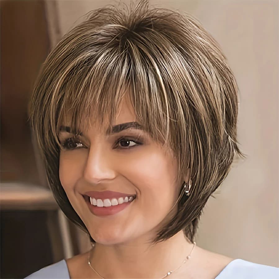 Short marron pour femmes blanches, coupe Pixie superposée avec reflets blonds, cheveux synthétiques 
