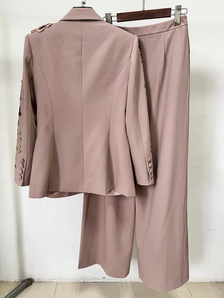 HIGH STREET – ensemble de costume de défilé de styliste pour femmes, Blazer perlé à fleurs 3D, panta