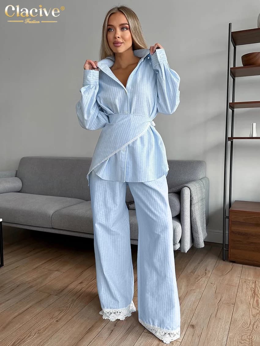 Clacive – ensemble 3 pièces ample à rayures bleues pour femmes, chemise élégante à manches longues +