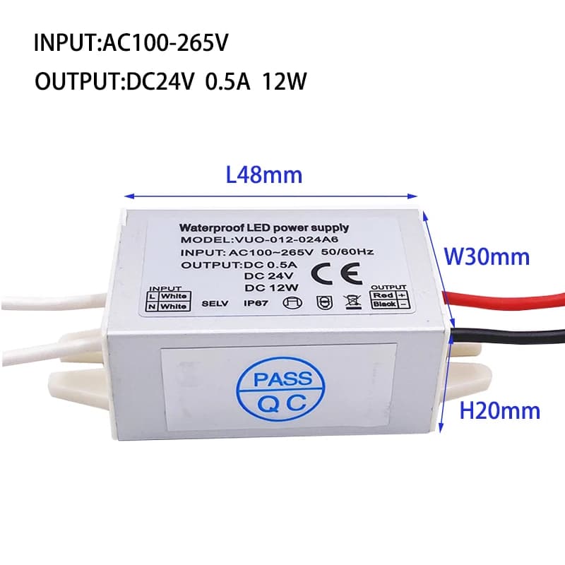 Mini régulateur de pilote LED mince AC120V 240V à DC 12V 24V IP67 12W, transformateur de lumière de 