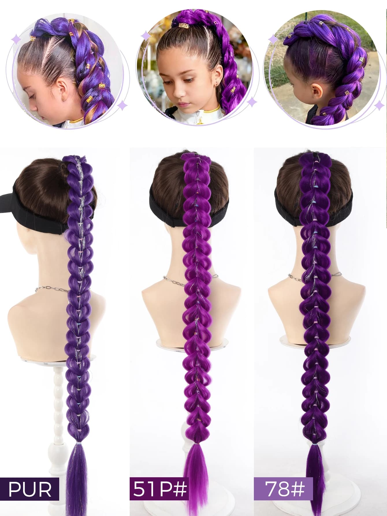 32 pouces tressé violet cheveux queue de cheval avec guirlandes perruque Super Extensions brillant g