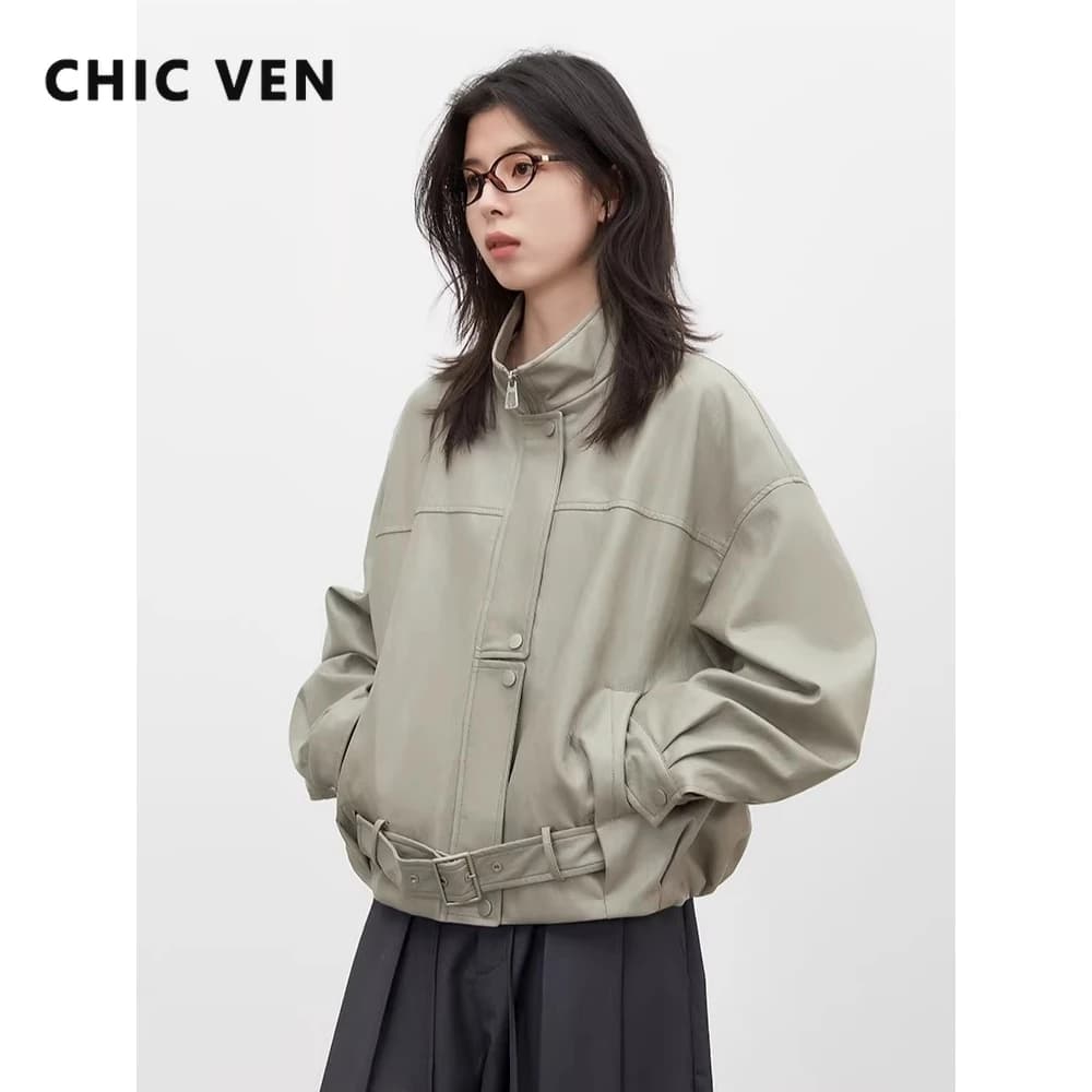 CHIC VEN Nouvelle Veste Courte Femme en PU Style Motard Coupe Ample Col Montant Unie Coupe-Vent Prin