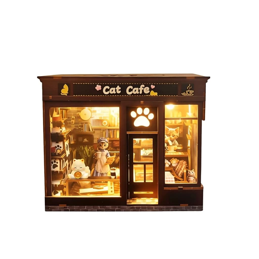 OUZEY Cat Book Nook Coffee Jouets éducatifs pour enfants Maisons miniatures à assembler Kit de modèl