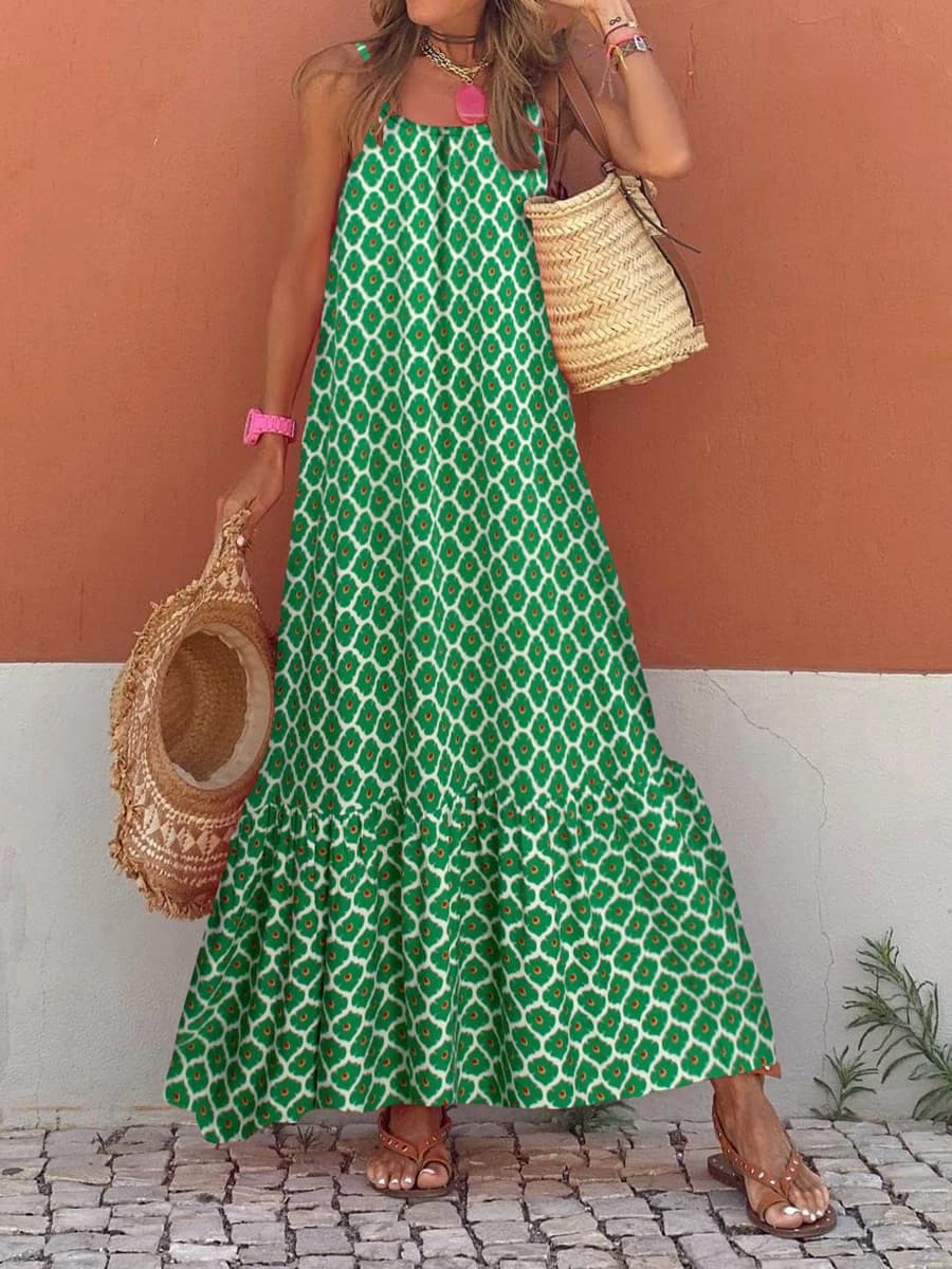Robe longue style Boho pour femmes, sans manches, ample, imprimée, bretelles Spaghetti, robes fluide