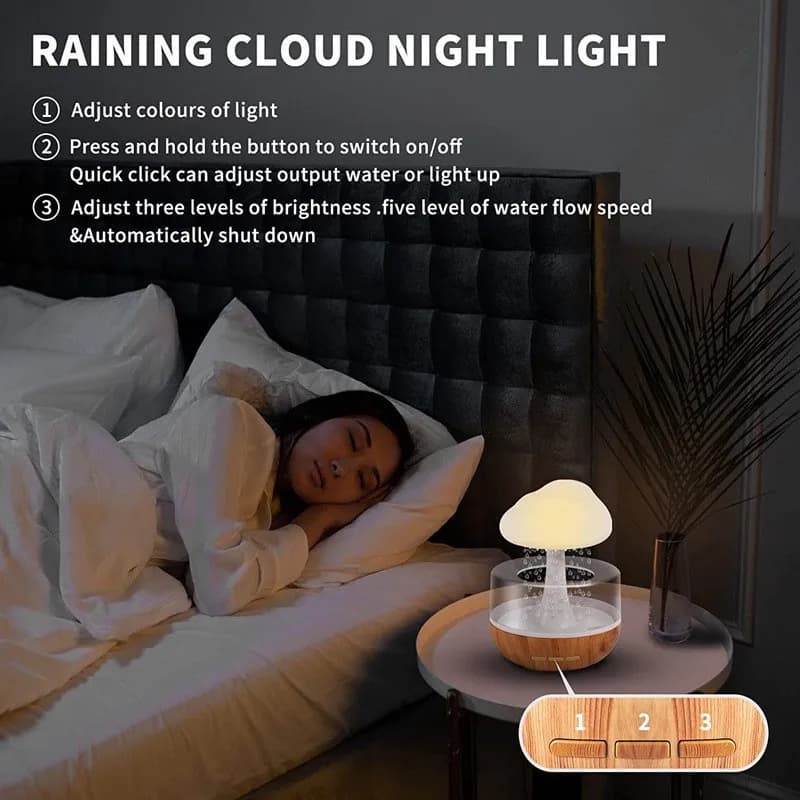 Humidificateur de nuage de pluie, nuage de champignon coloré, lampe d'ambiance, veilleuse, huile ess